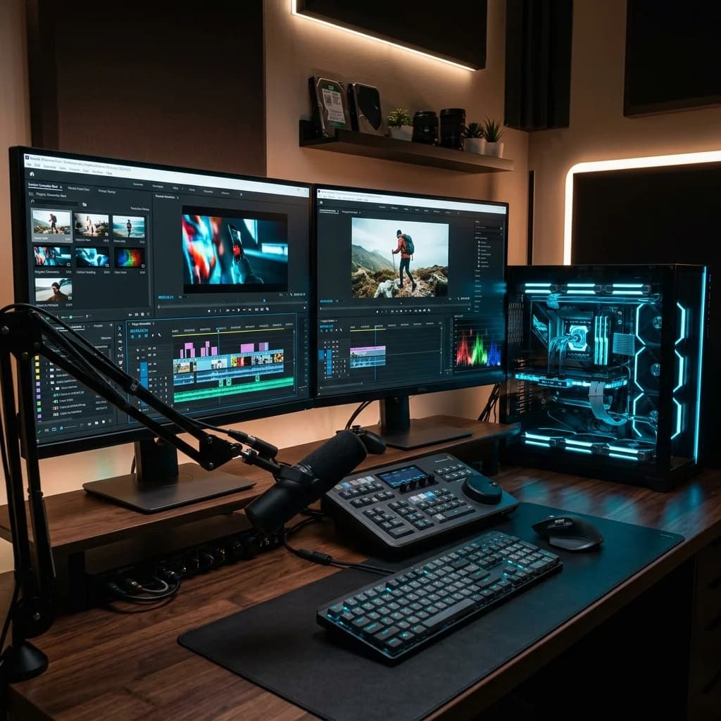 Productora y editora de video profesional usando computadores avanzados